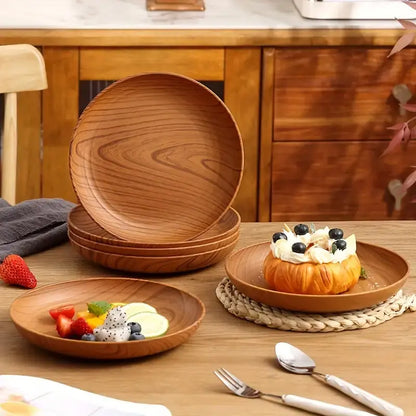 10-Piece Wood-Grain Colored Plastic Plate Set, Thickened Salad Sandwich Bread Tray, Breakfast and Dinner Tableware, Family Restaurant Pasta and Rice Dish Tray, Party Outdoor Camping Plate