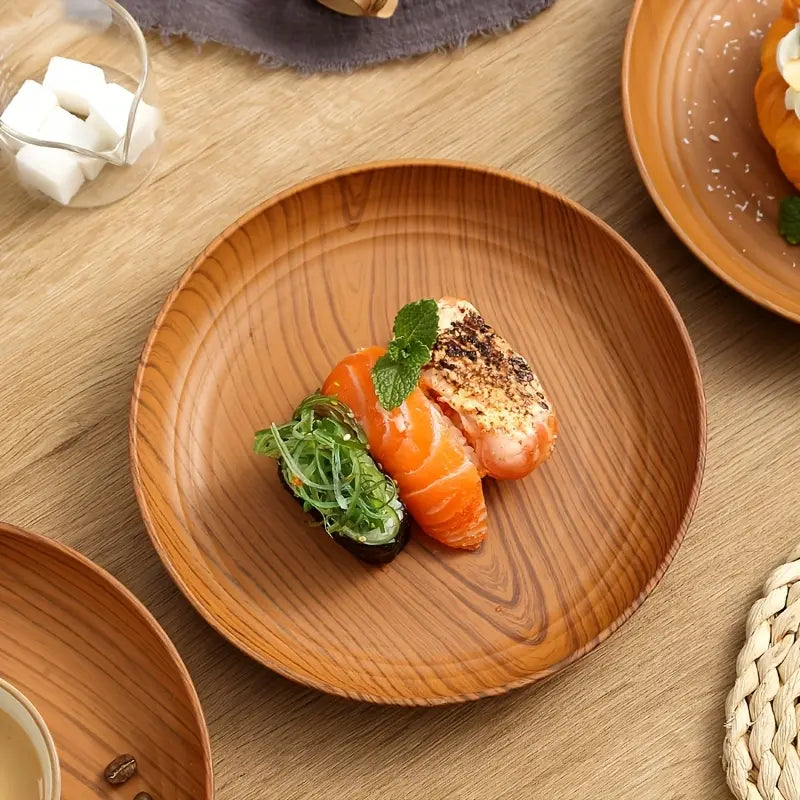 10-Piece Wood-Grain Colored Plastic Plate Set, Thickened Salad Sandwich Bread Tray, Breakfast and Dinner Tableware, Family Restaurant Pasta and Rice Dish Tray, Party Outdoor Camping Plate