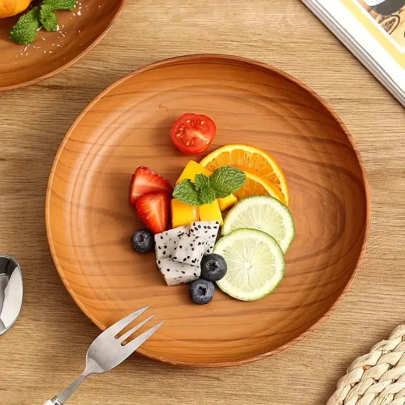 10-Piece Wood-Grain Colored Plastic Plate Set, Thickened Salad Sandwich Bread Tray, Breakfast and Dinner Tableware, Family Restaurant Pasta and Rice Dish Tray, Party Outdoor Camping Plate