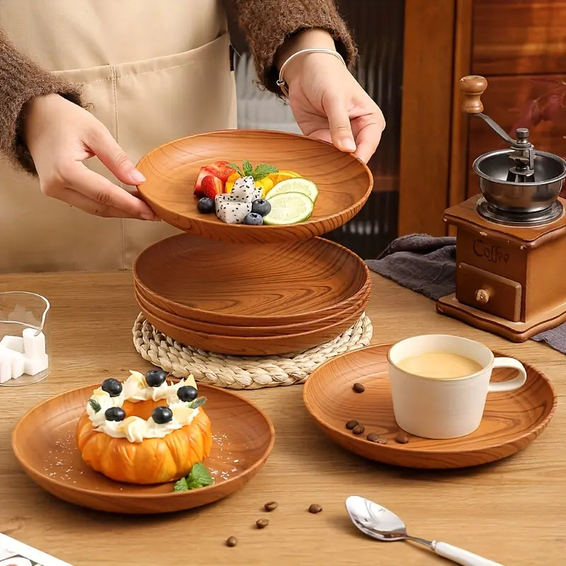 10-Piece Wood-Grain Colored Plastic Plate Set, Thickened Salad Sandwich Bread Tray, Breakfast and Dinner Tableware, Family Restaurant Pasta and Rice Dish Tray, Party Outdoor Camping Plate