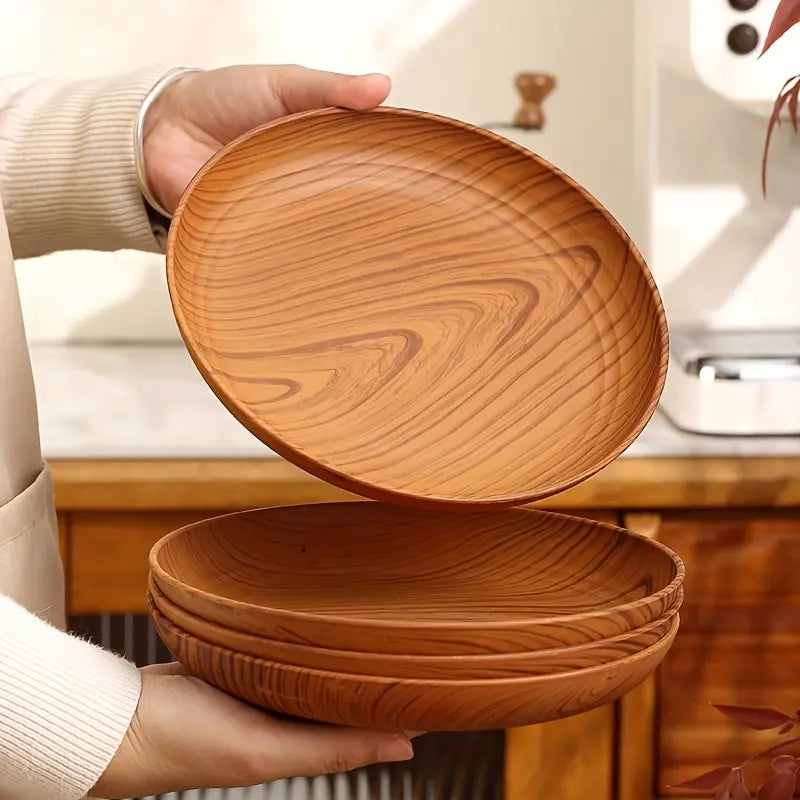 10-Piece Wood-Grain Colored Plastic Plate Set, Thickened Salad Sandwich Bread Tray, Breakfast and Dinner Tableware, Family Restaurant Pasta and Rice Dish Tray, Party Outdoor Camping Plate