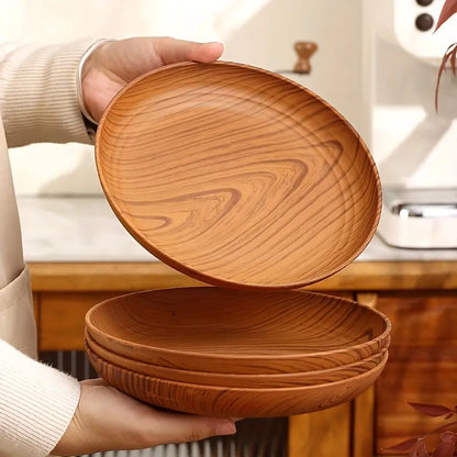 10-Piece Wood-Grain Colored Plastic Plate Set, Thickened Salad Sandwich Bread Tray, Breakfast and Dinner Tableware, Family Restaurant Pasta and Rice Dish Tray, Party Outdoor Camping Plate