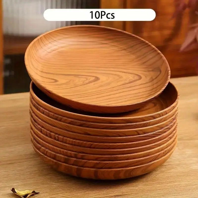 10-Piece Wood-Grain Colored Plastic Plate Set, Thickened Salad Sandwich Bread Tray, Breakfast and Dinner Tableware, Family Restaurant Pasta and Rice Dish Tray, Party Outdoor Camping Plate